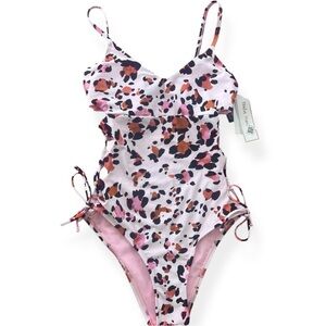 Hula Honey Lace Up One Piece Swimsuit Women’s Size Small Leopard Pink‎ Black NWT